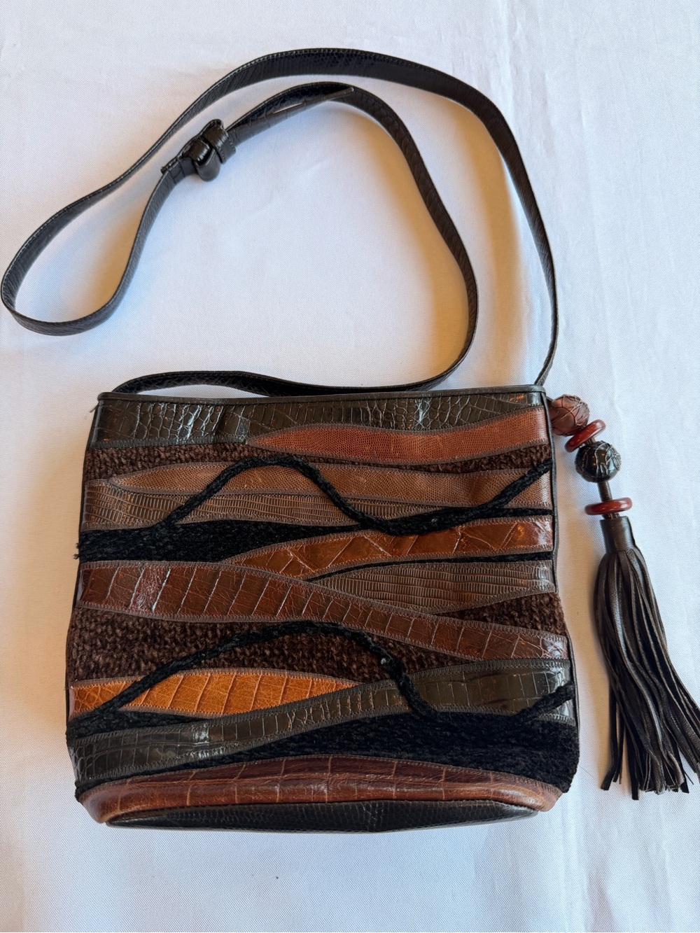 Vintage 1980s Sharif Brown Patchwork Leather Funky Crossbody with Tassel